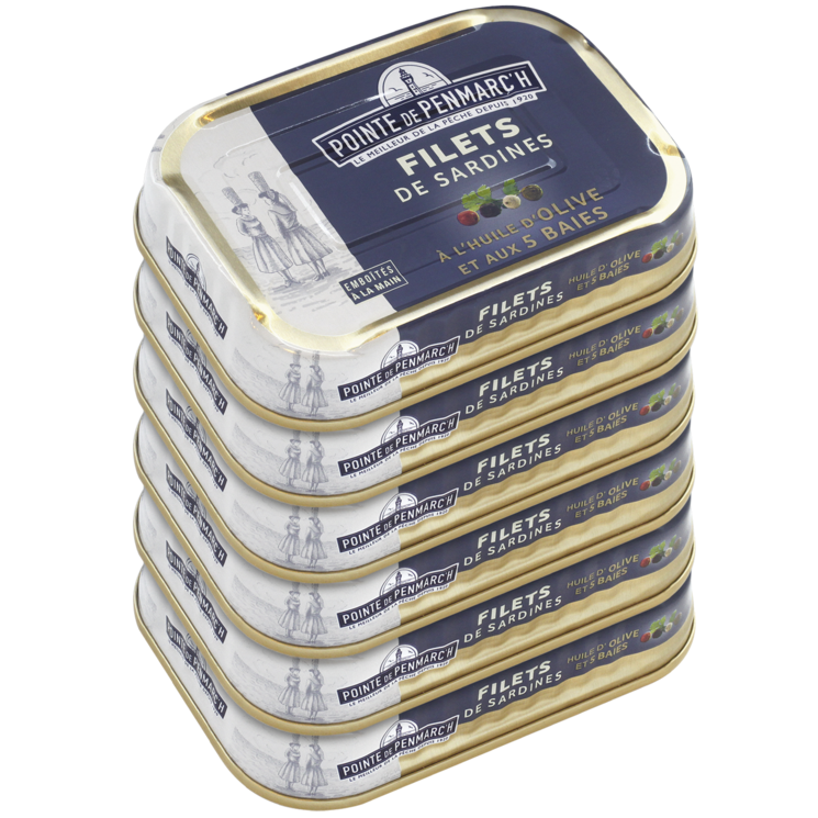Filets de sardines à l'huile d'olive et aux 5 baies - le lot de 6 boîtes de 100 g