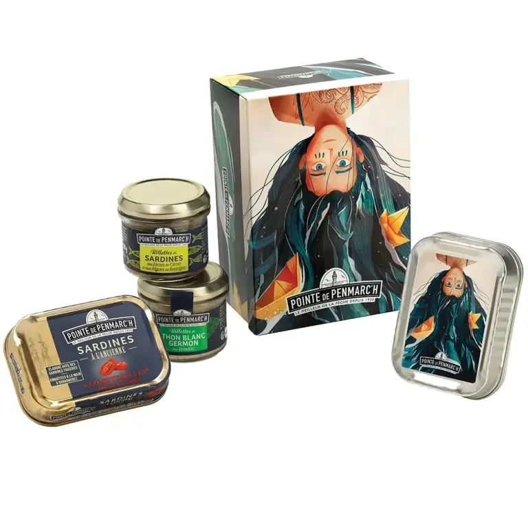 Boîte métal sirène aux cheveux bleus - Coffret sardines et rillettes bretonnes