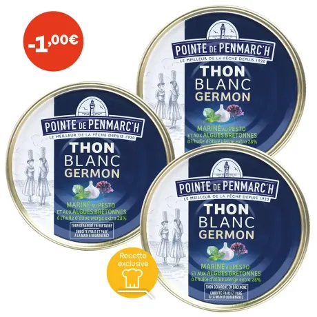 Thon blanc germon mariné au pesto et algues Bretonnes à l'huile d'olive vierge extra - le lot de 3 boîtes de 138 g