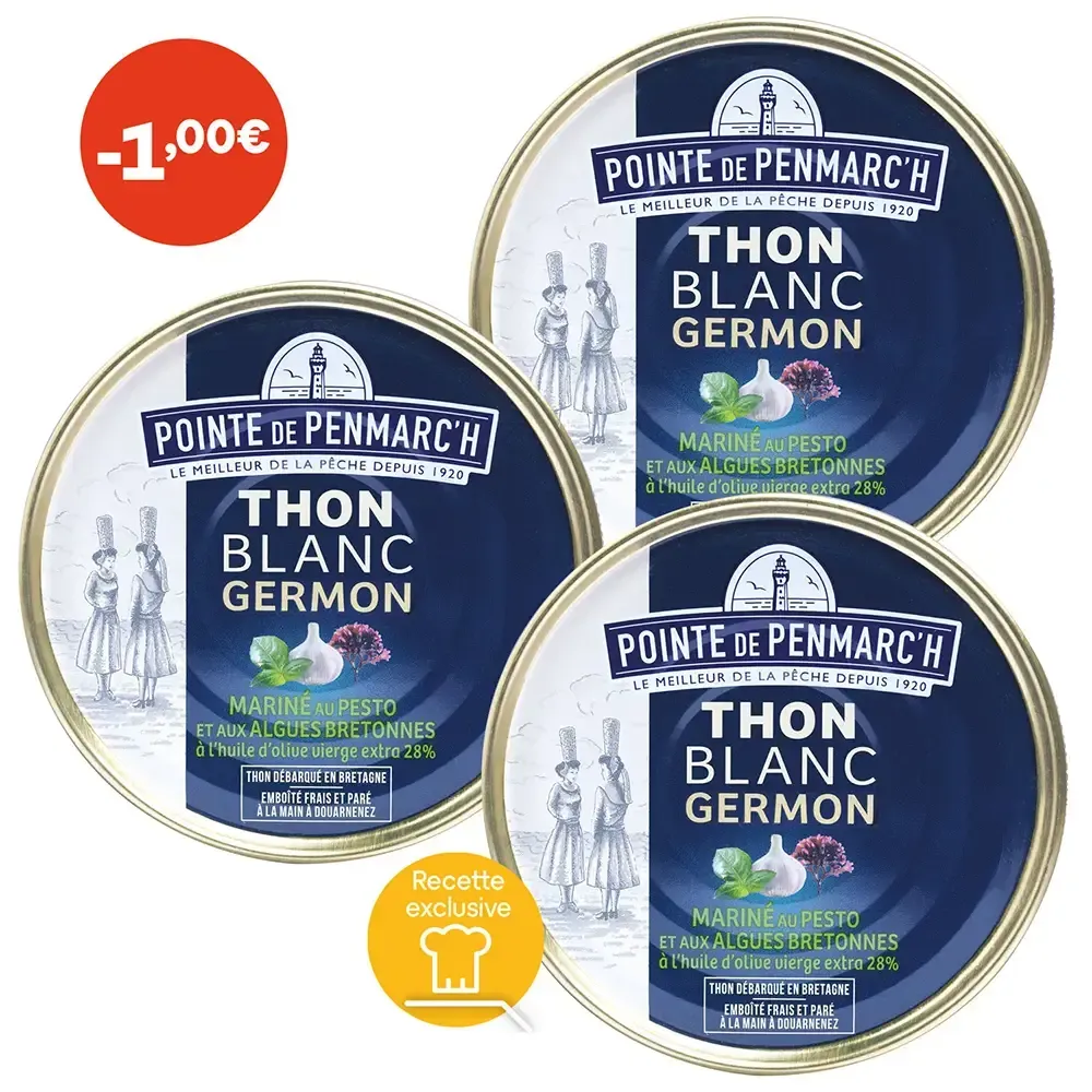 Thon blanc germon mariné au pesto et algues Bretonnes à l'huile d'olive vierge extra - le lot de 3 boîtes de 138 g