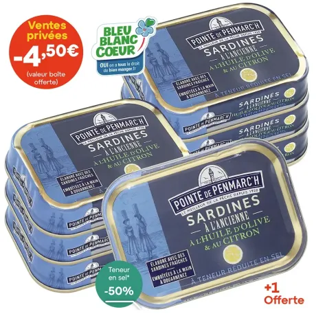 Sardines à l'huile d'olive et au citron à teneur réduite en sel dont une boîte offerte - le lot de 7 boîtes de 115 g