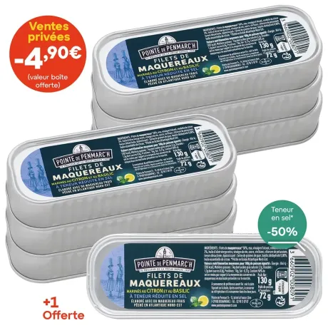 Filets de maquereaux marinés au citron et au basilic à teneur réduite en sel - le lot de 7 boîtes de 130 g