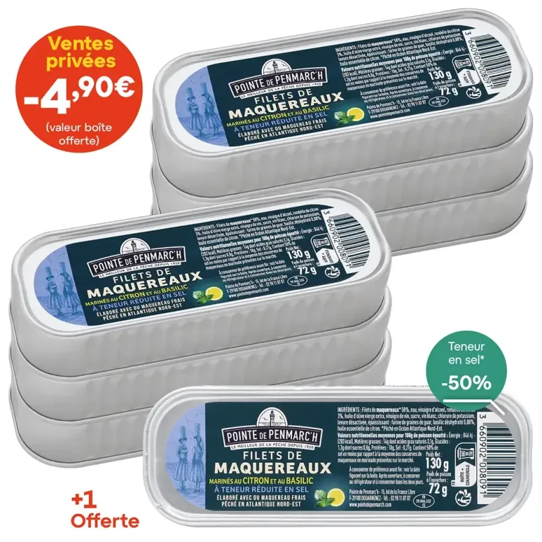 Filets de maquereaux marinés au citron et au basilic à teneur réduite en sel - le lot de 7 boîtes de 130 g