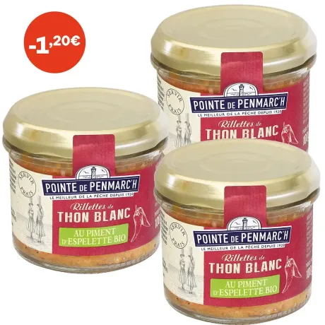 Rillettes de thon blanc au piment d'Espelette BIO - le lot de 3 verrines de 100 g
