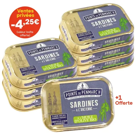 Sardines à l'ancienne à l'huile d'olive vierge extra BIO dont une boîte offerte - le lot de 7 boîtes de 115 g