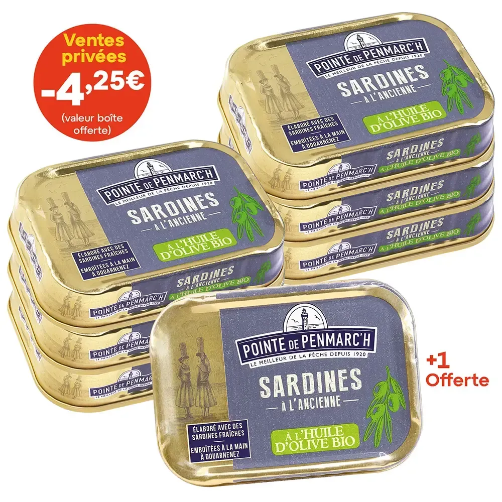 Sardines à l'ancienne à l'huile d'olive vierge extra BIO dont une boîte offerte - le lot de 7 boîtes de 115 g