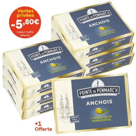 Anchois entiers à l'huile d'olive dont une boîte offerte - le lot de 7 boîtes de 115 g