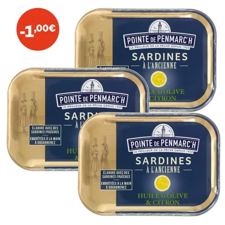Sardines à l'ancienne à l'huile d'olive et au citron - le lot de 3 boîtes de 115 g