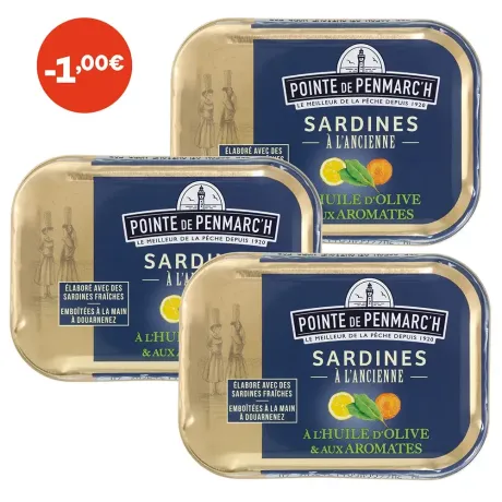 Sardines à l'ancienne à l'huile d'olive et aux aromates - le lot de 3 boîtes de 115 g