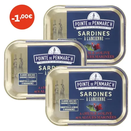 Sardines à l'ancienne à l'huile d'olive et aux algues marinées - le lot de 3 boîtes de 115 g
