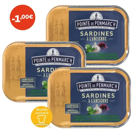 Sardines à l'ancienne au pesto et aux algues de Bretagne - le lot de 3 boîtes de 115 g