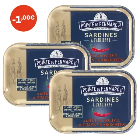 Sardines à l'ancienne à l'huile d'olive au piment et aromates - le lot de 3 boîtes de 115 g