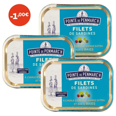 Filets de sardines à l'huile d'olive et aux 5 baies - le lot de 3 boîtes de 100 g
