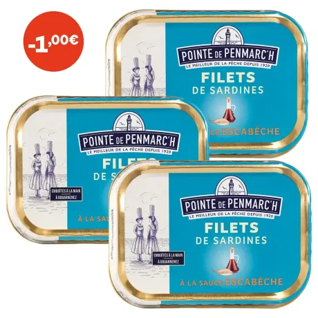 Filets de sardines à la sauce escabèche et aux échalotes de Bretagne - le lot de 3 boîtes de 100 g