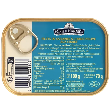 Filets de sardines à l'huile d'olive et aux 5 baies - le lot de 3 boîtes de 100 g