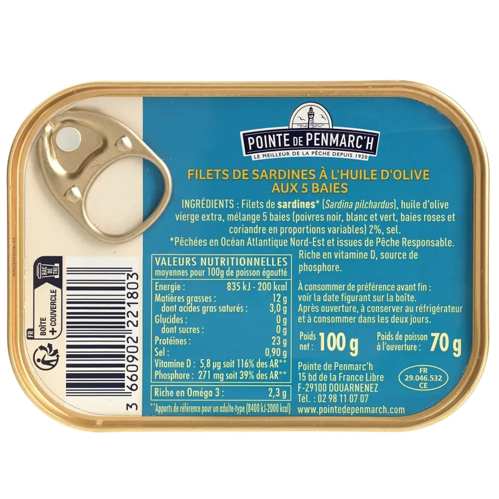 Filets de sardines à l'huile d'olive et aux 5 baies - le lot de 3 boîtes de 100 g