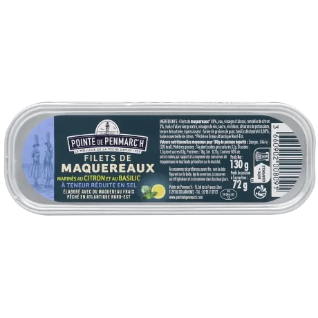 Filets de maquereaux marinés au citron et au basilic à teneur réduite en sel - le lot de 7 boîtes de 130 g