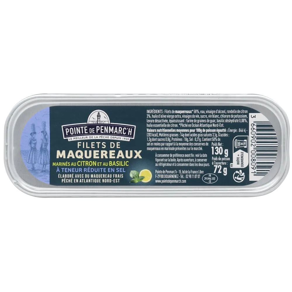 Filets de maquereaux marinés au citron et au basilic à teneur réduite en sel - le lot de 7 boîtes de 130 g