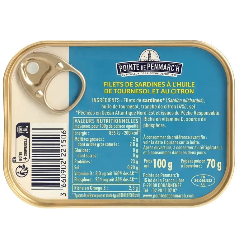 Filets de sardines au citron et à l'huile de tournesol - le lot de 7 boîtes de 100 g
