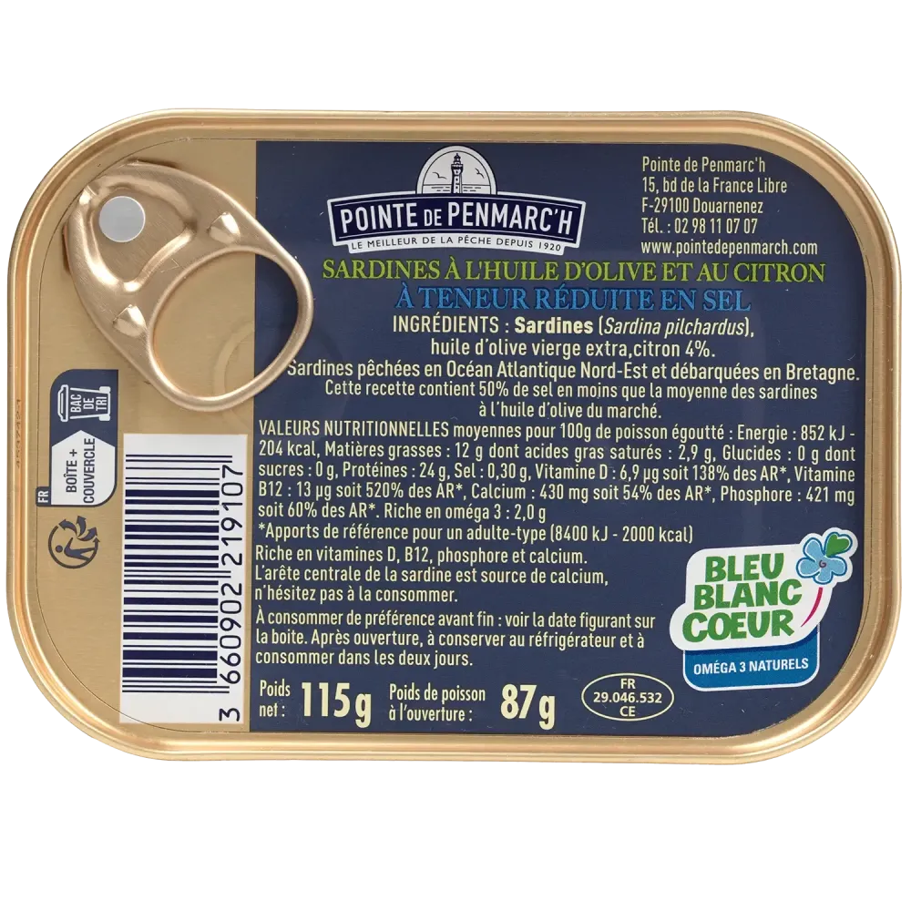 Sardines à l'huile d'olive et au citron à teneur réduite en sel dont une boîte offerte - le lot de 7 boîtes de 115 g