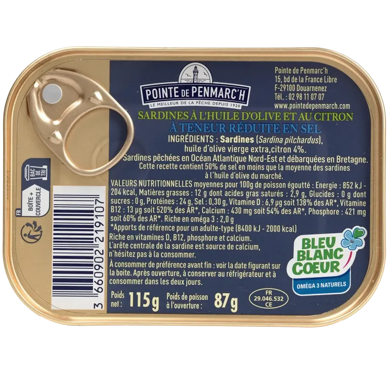Sardines à l'huile d'olive et au citron à teneur réduite en sel dont une boîte offerte - le lot de 7 boîtes de 115 g