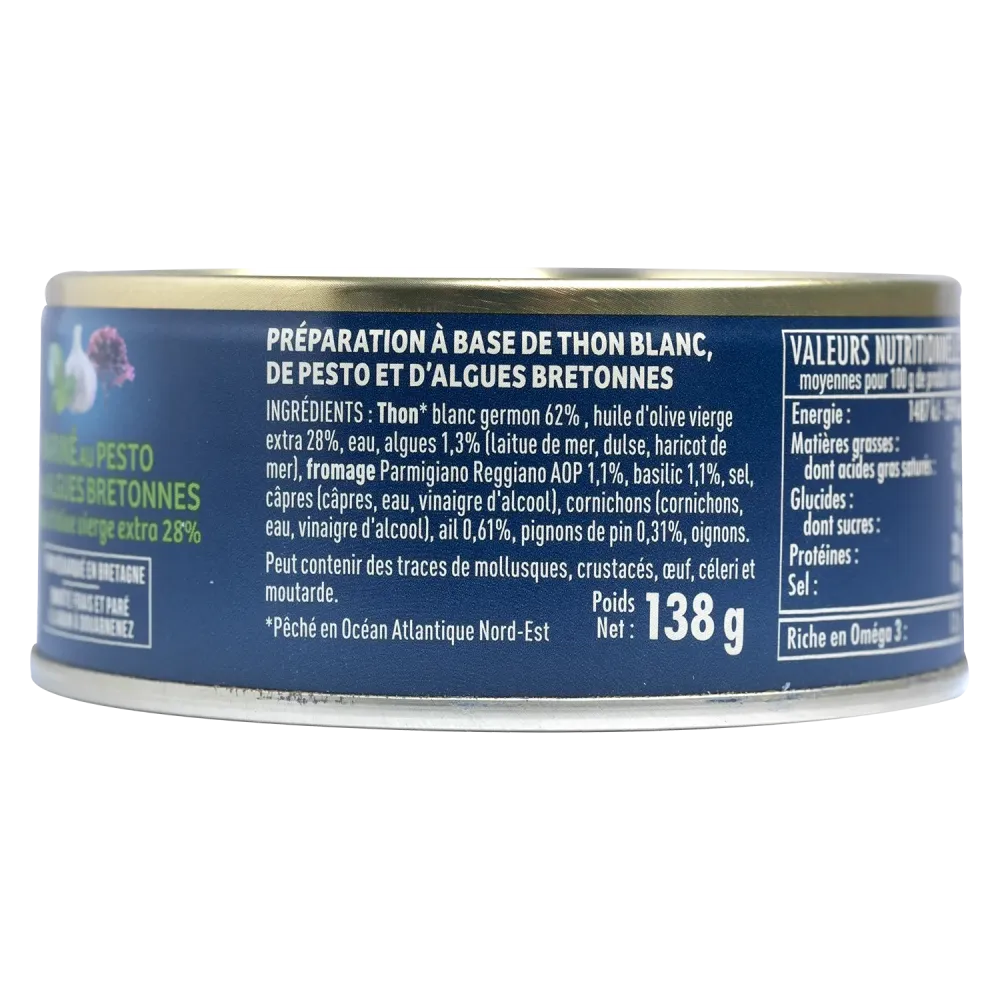 Thon blanc germon mariné au pesto et algues Bretonnes à l'huile d'olive vierge extra - le lot de 3 boîtes de 138 g