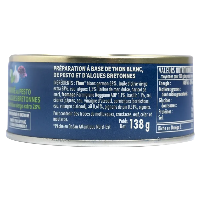 Thon blanc germon mariné au pesto et algues Bretonnes à l'huile d'olive vierge extra - le lot de 3 boîtes de 138 g