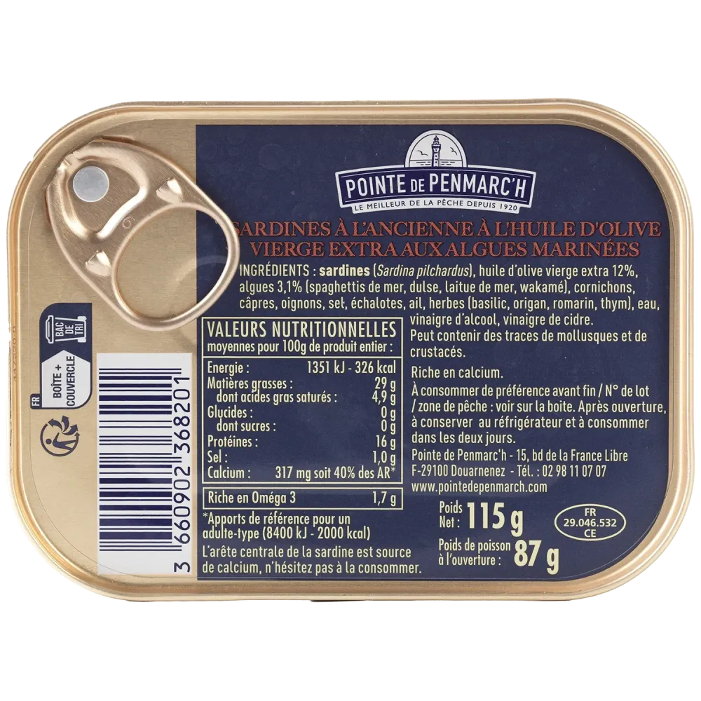 Sardines à l'ancienne à l'huile d'olive et aux algues marinées - le lot de 3 boîtes de 115 g