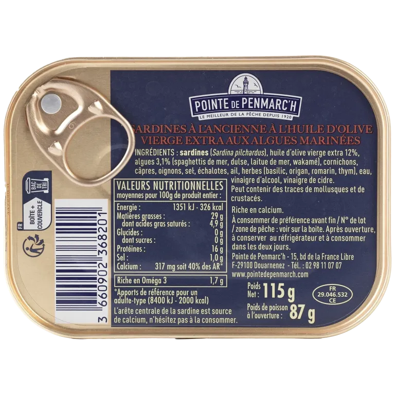 Sardines à l'ancienne à l'huile d'olive et aux algues marinées - le lot de 3 boîtes de 115 g