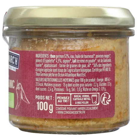 Rillettes de thon blanc au piment d'Espelette BIO - le lot de 3 verrines de 100 g