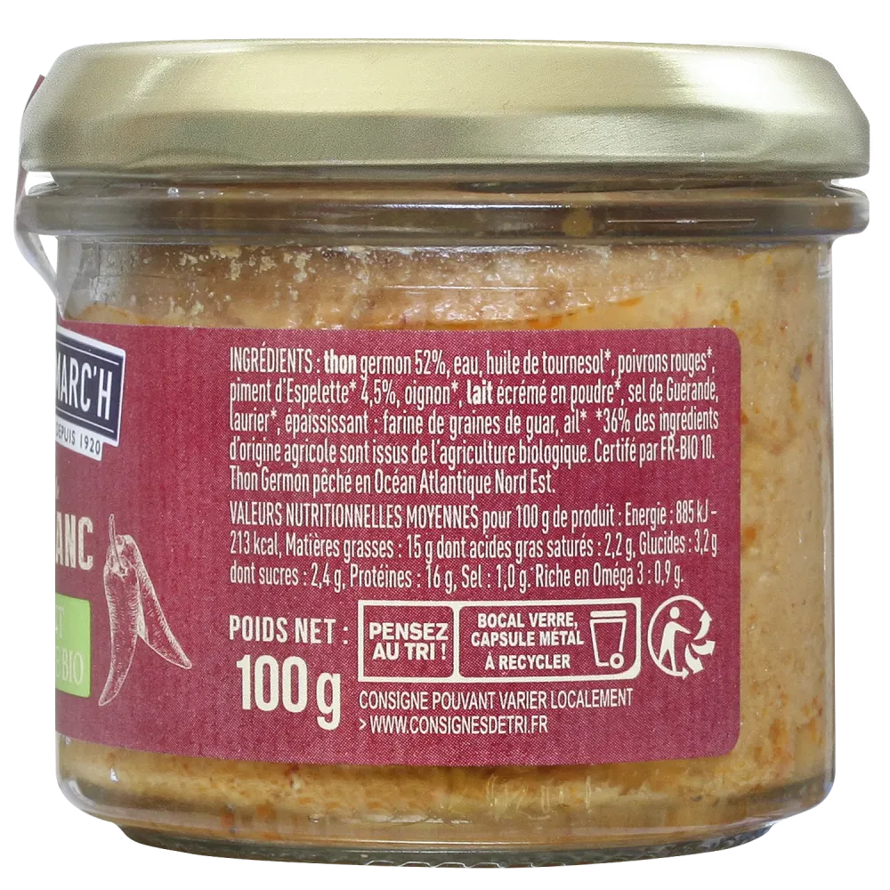 Rillettes de thon blanc au piment d'Espelette BIO - le lot de 3 verrines de 100 g