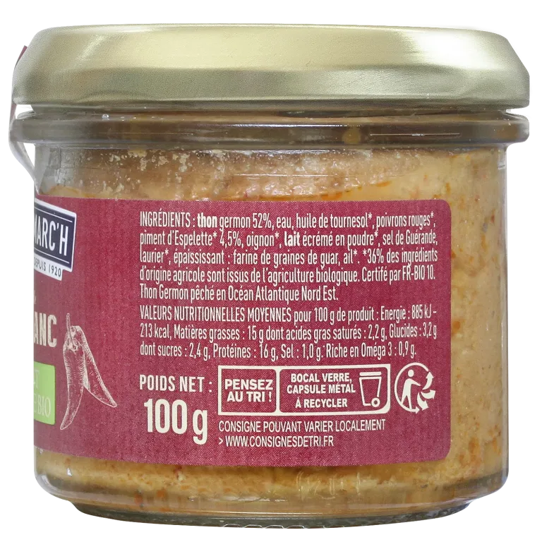 Rillettes de thon blanc au piment d'Espelette BIO - le lot de 3 verrines de 100 g