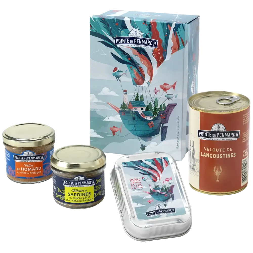Coffret dégustation "Montgolfière" : Sardines en boîte à l'ancienne, Velouté de Langoustine, Rillettes de la mer