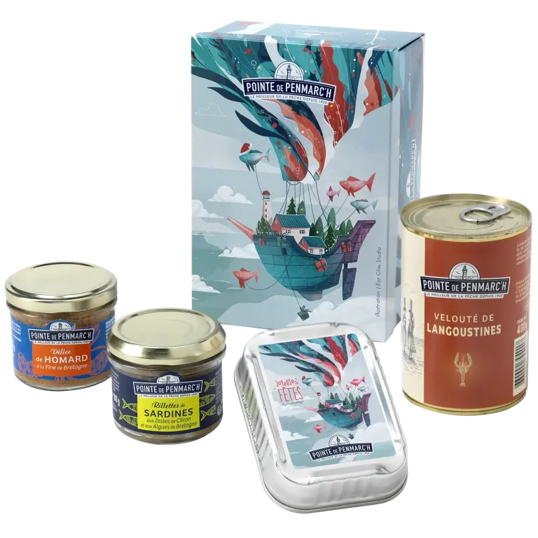 Coffret dégustation "Montgolfière" : Sardines en boîte à l'ancienne, Velouté de Langoustine, Rillettes de la mer