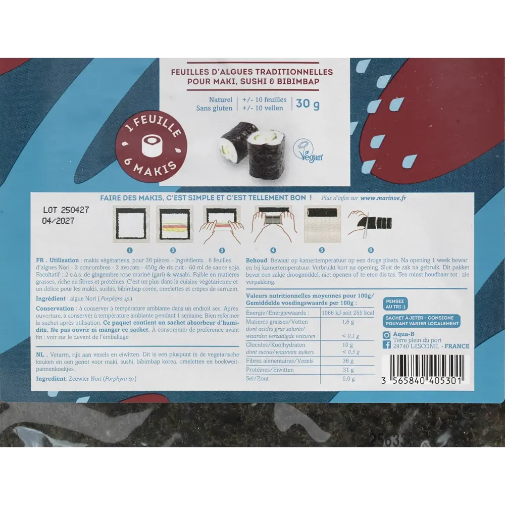 Feuilles d’algues nori Marinoé - 10 feuilles séchées 30g