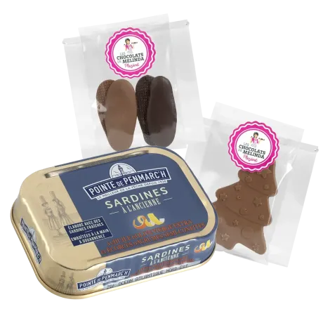 Trio de cadeau sapin lait, langues chat et sardines huile olive écorces d'agrumes