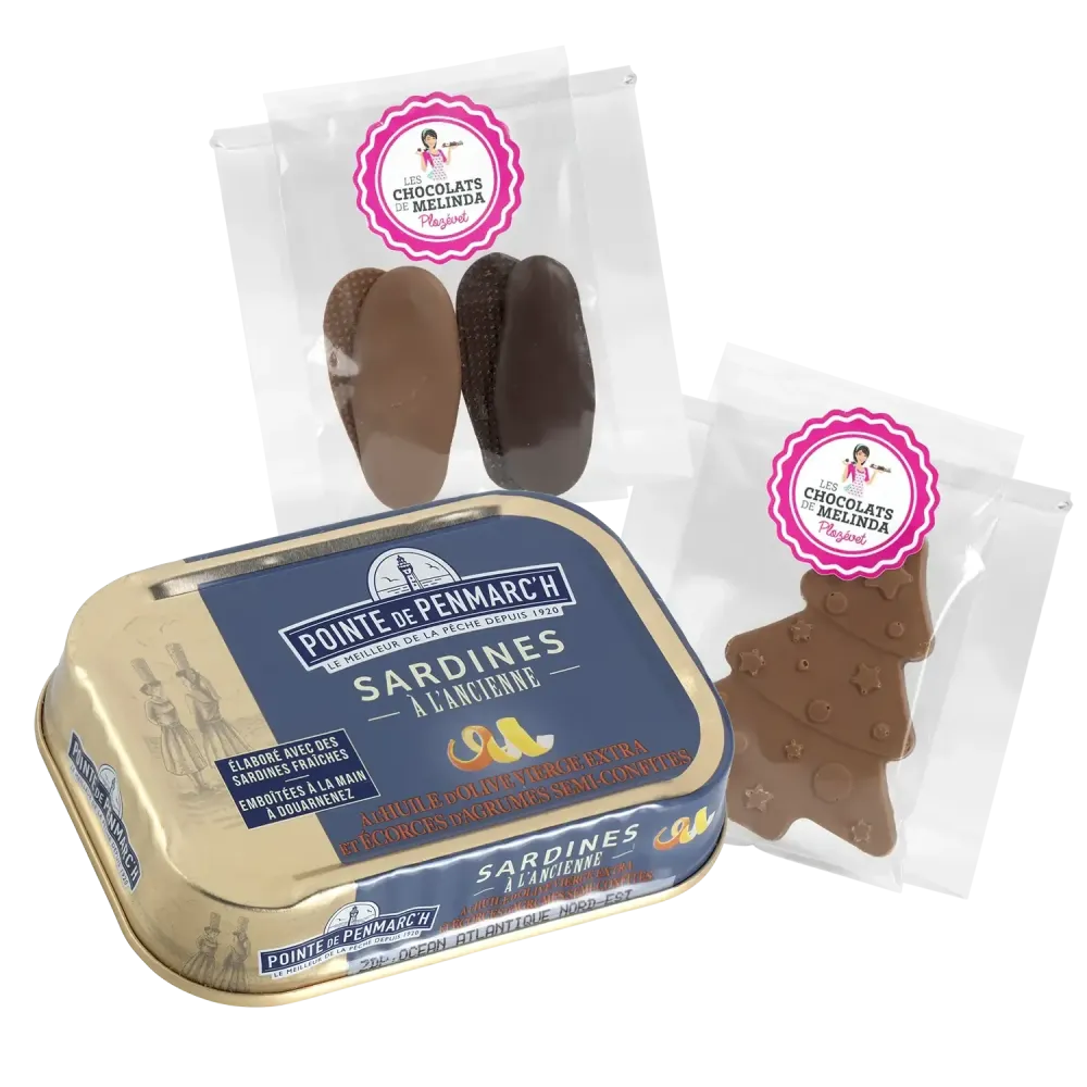 Trio de cadeau sapin lait, langues chat et sardines huile olive écorces d'agrumes