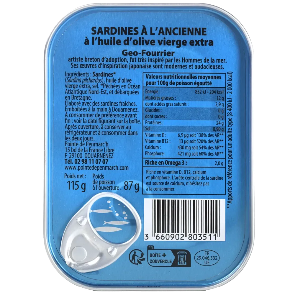 Sardines à l'ancienne à l'huile d'olive millésimées 2025 Géo-Fourrier le pêcheur sardinier - la boîte de 115 g
