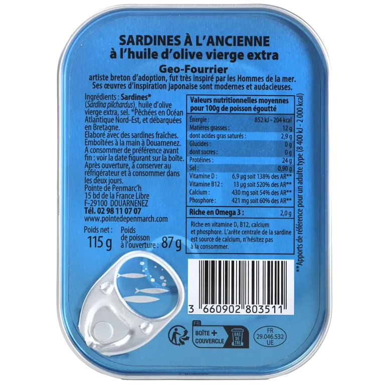 Sardines à l'ancienne à l'huile d'olive millésimées 2025 Géo-Fourrier le pêcheur sardinier - la boîte de 115 g