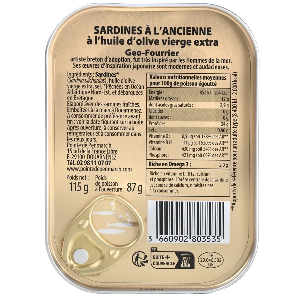 Sardines à l'ancienne à l'huile d'olive millésimées 2025 Géo-Fourrier la bruleuse de goémons - la boîte de 115 g