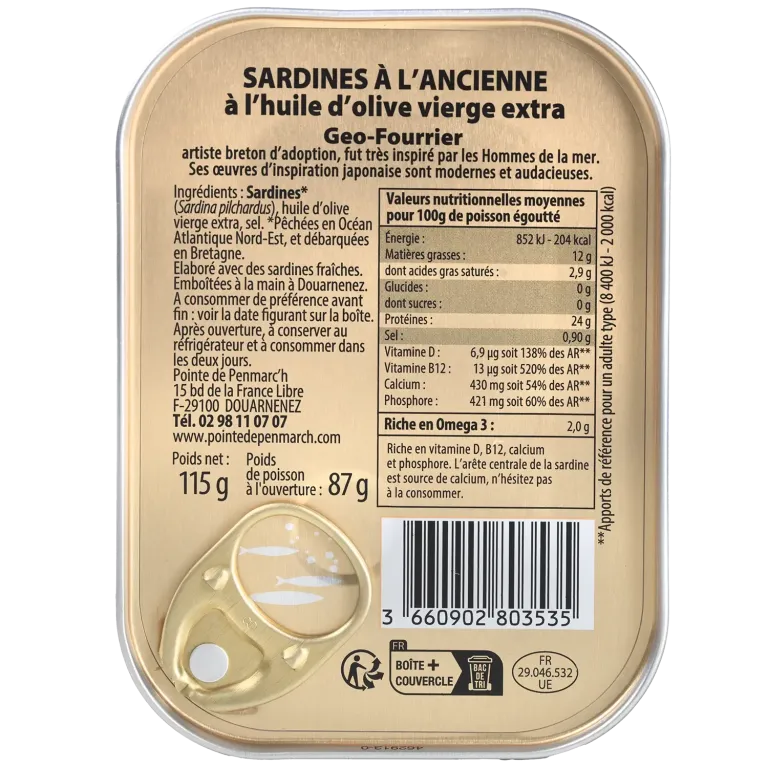 Sardines à l'ancienne à l'huile d'olive millésimées 2025 Géo-Fourrier la bruleuse de goémons - la boîte de 115 g