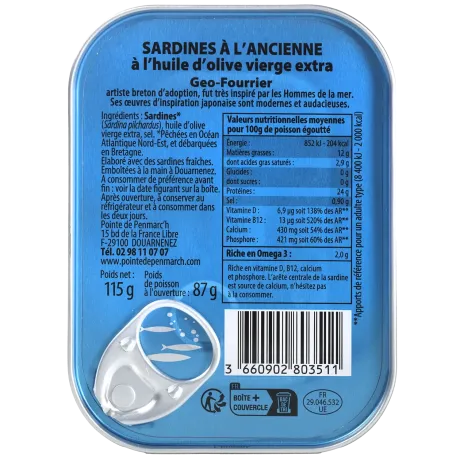 Sardines à l'ancienne à l'huile d'olive millésimées 2025 Géo-Fourrier le mousse de kérity - la boîte de 115 g