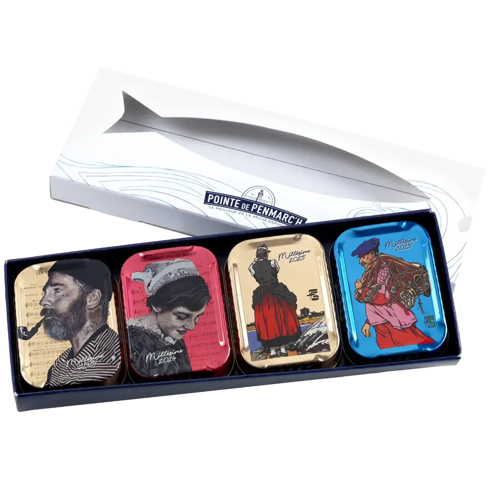 Coffret Coffret sérigraphié de sardines à l'ancienne millésimes 2024, 2025 - le lot de 4 boites de 115 g + le coffret