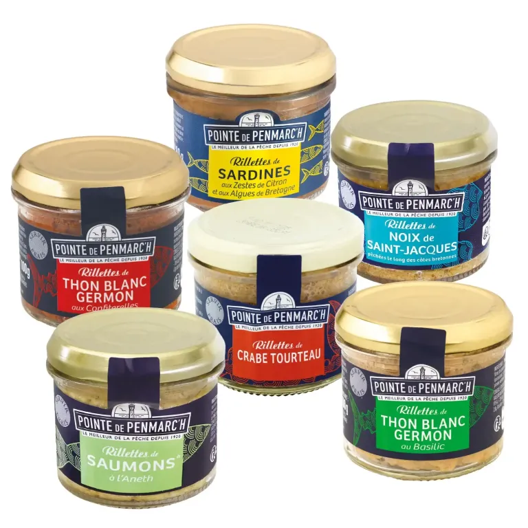 Assortiment de 6 rillettes de la mer saveurs thon, Saint-Jacques, saumon, sardines et crabe en verrines | Pointe de Penmarc'h