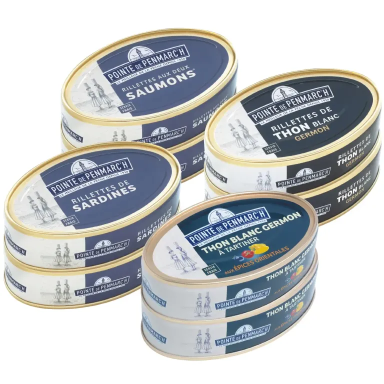 Assortiment de 8 rillettes de poisson : saumon, sardines et thon en boîte de conserve | Pointe de Penmarc'h