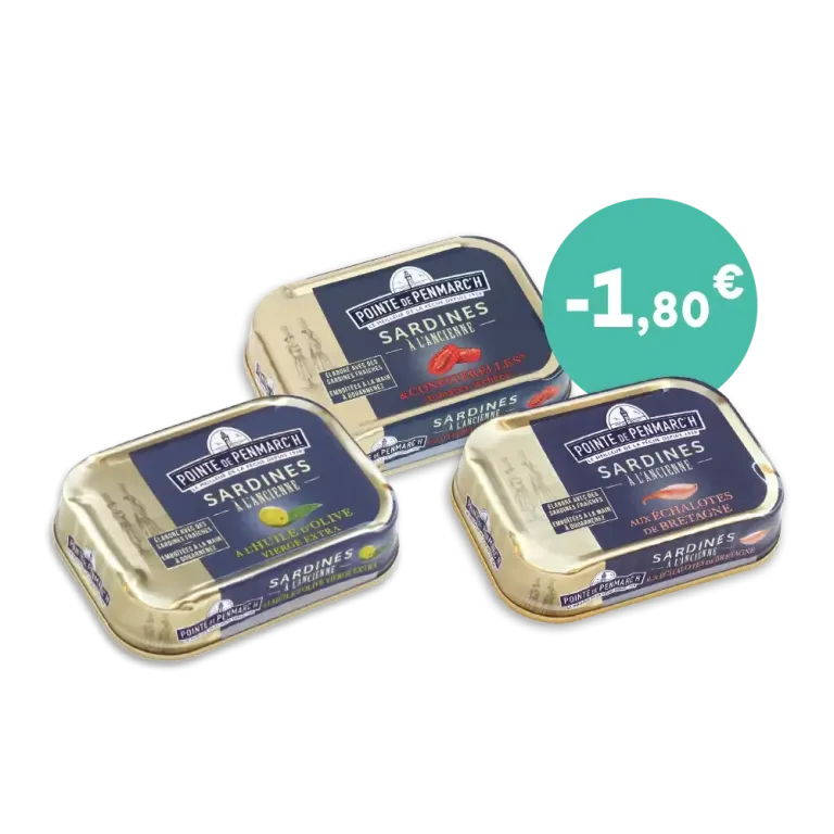 Trio de sardines à l'ancienne en boîte de conserve - Huile d'olive, échalotes et tomates | Pointe de Penmarc'h