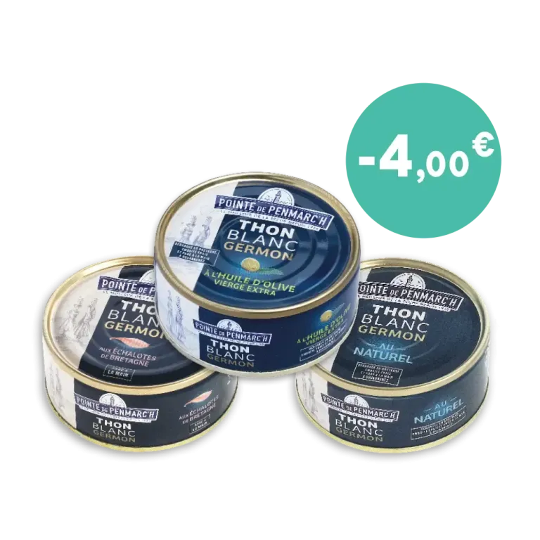 Trio de thon blanc germon en boîte de conserve - Naturel, huile d'olive et échalotes | Pointe de Penmarc'h