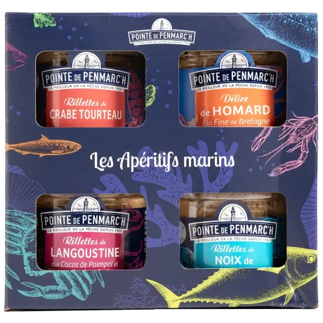 Coffret de 4 rillettes de coquillages et crustacés Saint-Jacques, crabe, homard, langoustine en verrine | Pointe de Penmarc'h