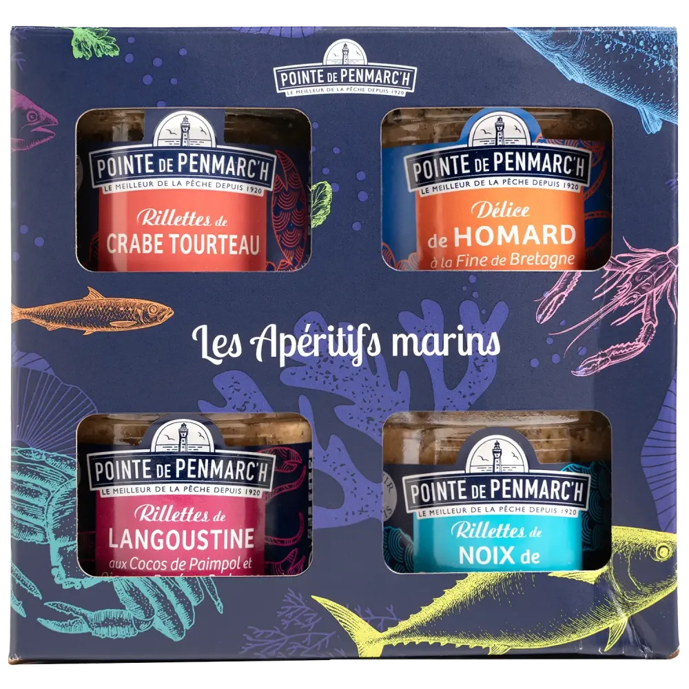 Coffret de 4 rillettes de coquillages et crustacés Saint-Jacques, crabe, homard, langoustine en verrine | Pointe de Penmarc'h