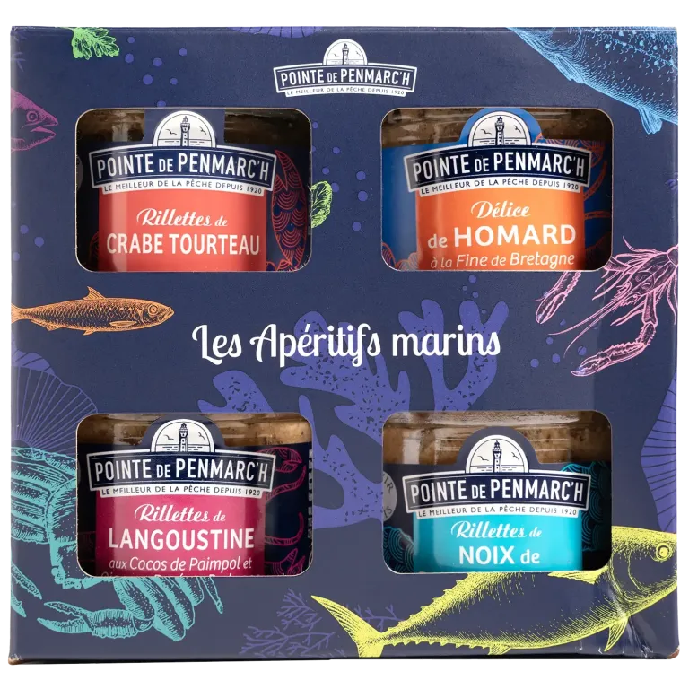 Coffret de 4 rillettes de coquillages et crustacés Saint-Jacques, crabe, homard, langoustine en verrine | Pointe de Penmarc'h